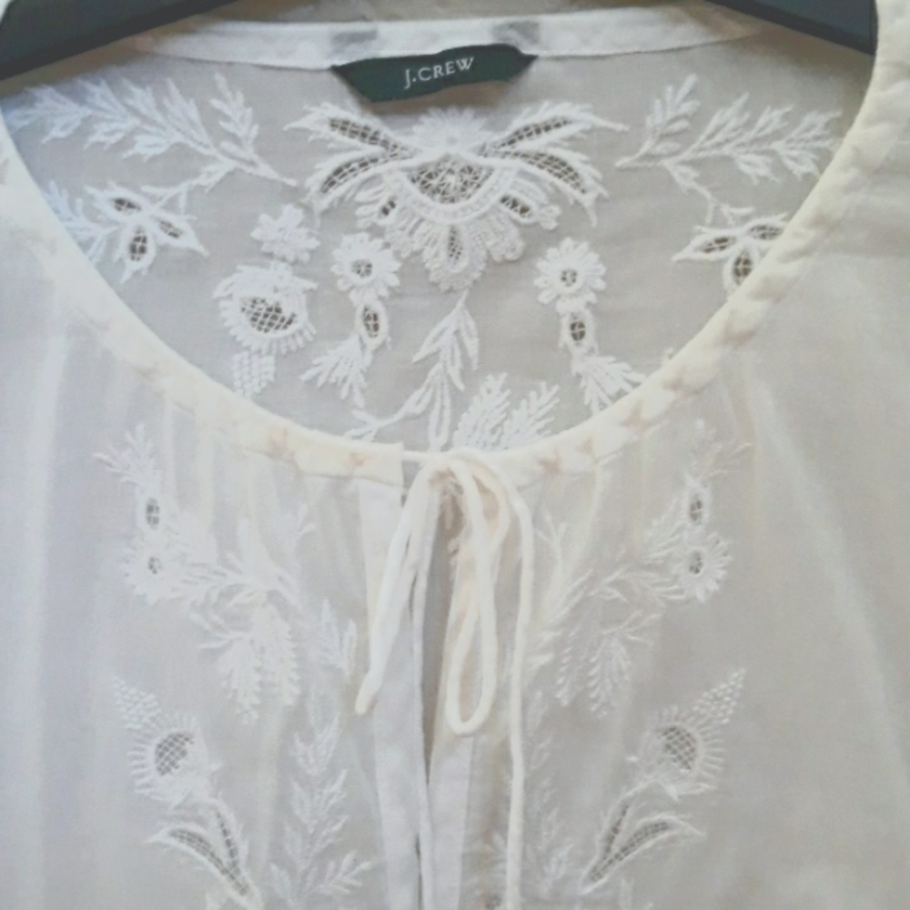 J Crew 100% Semi-Sheer Cotton Tunic White on White Embroidery